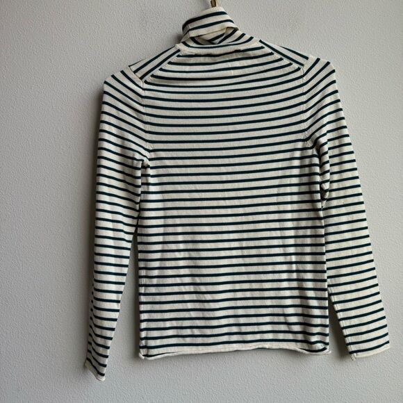 Zara Nautical Stripe Teal Blue Ribbed Turtleneck Size Medium Lightweight Stretch - Picture 3 of 4